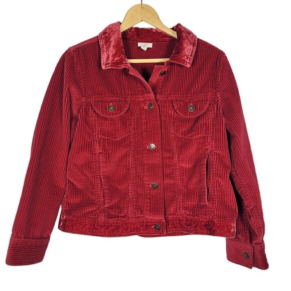 J. Jill Women's Corduroy Red Velvet Trim Full Button Boxy Jacket Size M Petite - Picture 1 of 16